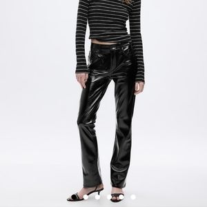 Mid-rise vegan patent leather boot pants